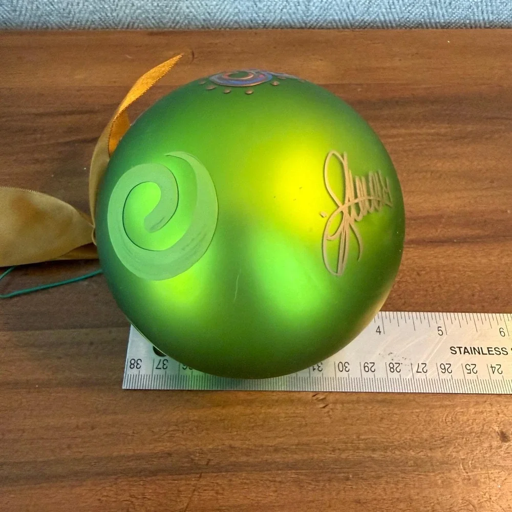 Hand‎ Painted Vintage Green Christmas Ornament Cross Design Ribbon Hanger Signed